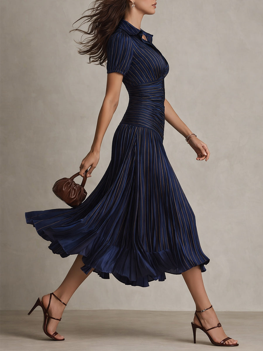 Adriana - Vestido Midi de Satén a Rayas Estilo Retro