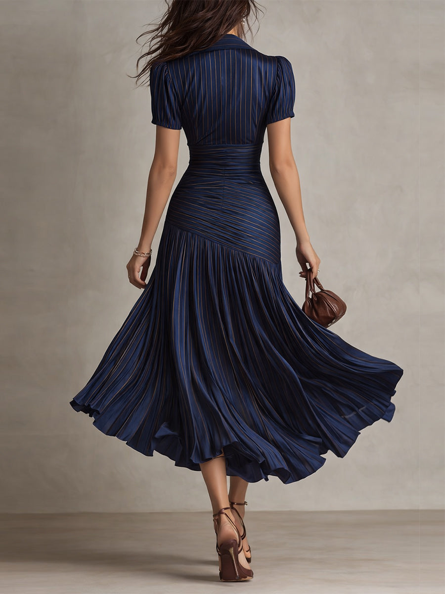 Adriana - Vestido Midi de Satén a Rayas Estilo Retro