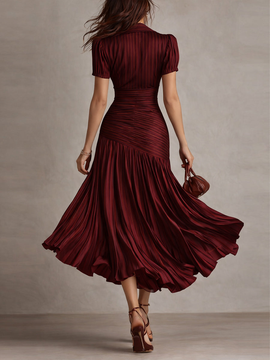 Adriana - Vestido Midi de Satén a Rayas Estilo Retro
