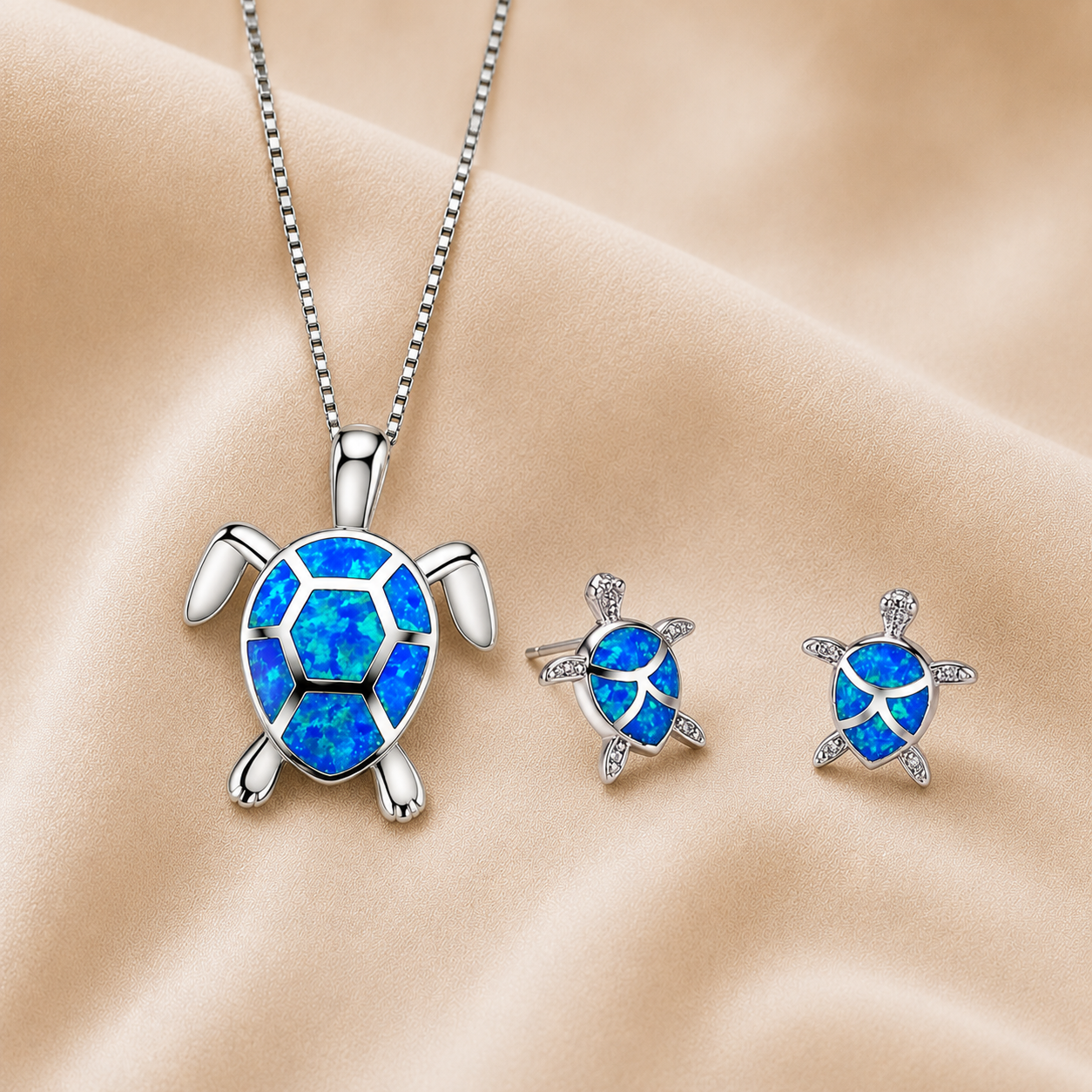 Collar y Pendientes de Tortuga Marina en Ópalo y Plata