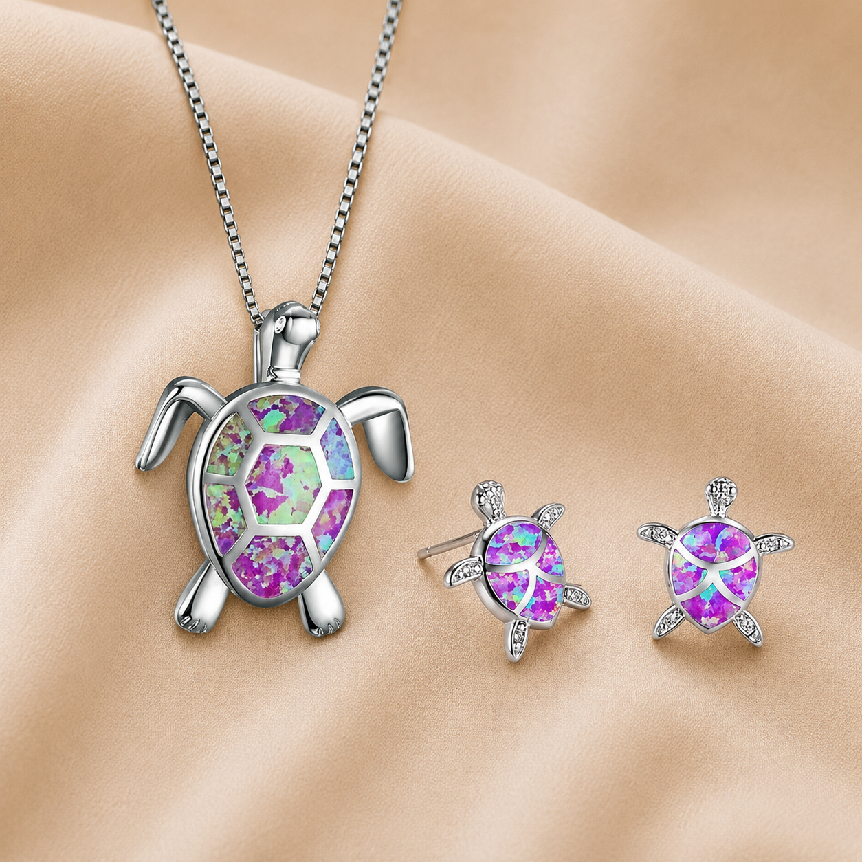 Collar y Pendientes de Tortuga Marina en Ópalo y Plata