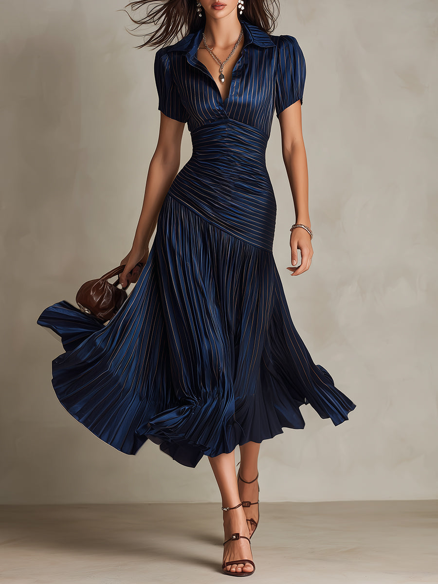 Adriana - Vestido Midi de Satén a Rayas Estilo Retro
